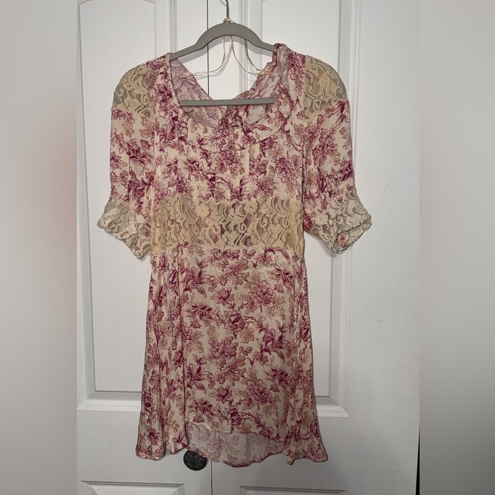 Free People Cream and Pink Floral Lace Dress